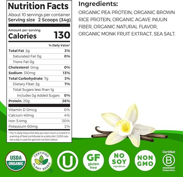 Orgain Organic Vegan Perfect Blend Protein Powder, 20g Clean Plant Protein, 6 Ingredients, <1g Sugar, Gluten Free, Non-GMO; No Artificial Flavors, Stevia Extract, Dairy or Soy Ingredients- Vanilla - Image 2