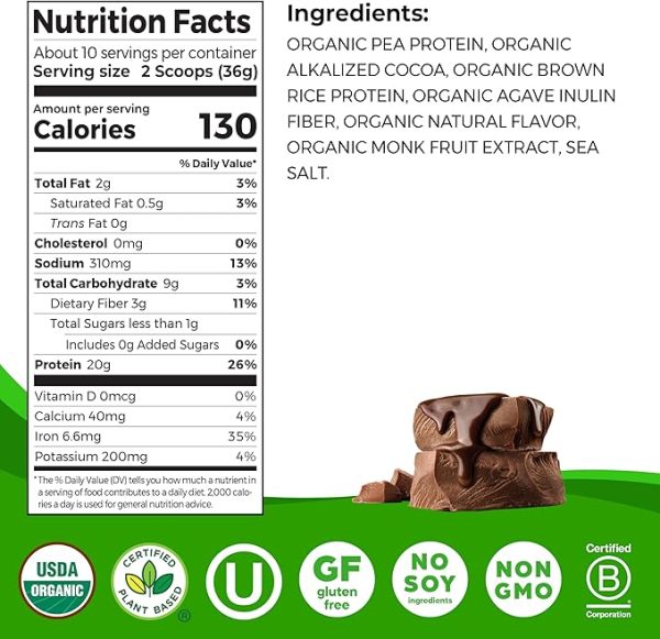 Orgain Organic Vegan Perfect Blend Protein Powder, 20g Clean Plant Protein, 7 Ingredients, <1g Sugar, Gluten Free, Non-GMO; No Artificial Flavors, Stevia Extract, Dairy or Soy Ingredients- Chocolate - Image 2