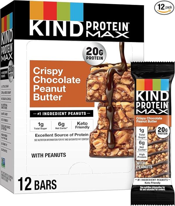 KIND Protein MAX Crispy Chocolate Peanut Butter Snack Bars, 20g of Protein, Keto Friendly, 1g of Sugar Per Bar, Gluten Free, 12 Count Box