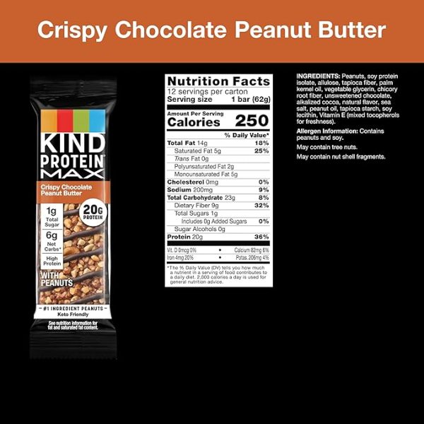 KIND Protein MAX Crispy Chocolate Peanut Butter Snack Bars, 20g of Protein, Keto Friendly, 1g of Sugar Per Bar, Gluten Free, 12 Count Box - Image 2