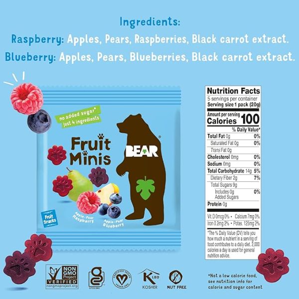 BEAR Real Fruit Snack Minis, Raspberry/Blueberry, No added Sugar, All Natural, Bite Sized Snacks for Kids, Non GMO, Gluten Free, Vegan, 0.7 Oz (Pack of 18) - Image 2