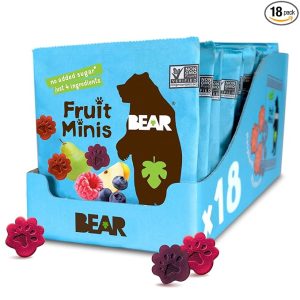 BEAR Real Fruit Snack Minis, Raspberry/Blueberry, No added Sugar, All Natural, Bite Sized Snacks for Kids, Non GMO, Gluten Free, Vegan, 0.7 Oz (Pack of 18)