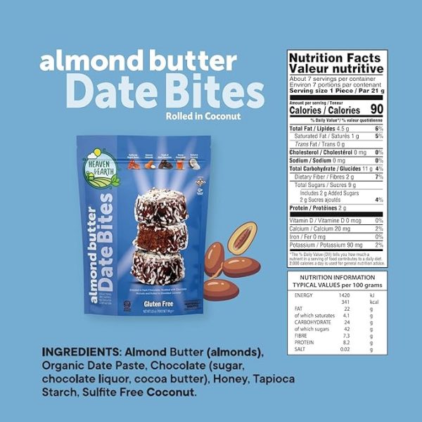 Heaven & Earth Gluten Free Chocolate Covered Almond Butter Date Bite Truffles with Coconut Flakes 5.25oz (2 Pack) Dairy Free, All Natural, Individually Wrapped Date Snacks, Kosher for Passover and year round - Image 2