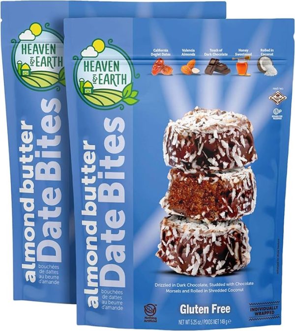 Heaven & Earth Gluten Free Chocolate Covered Almond Butter Date Bite Truffles with Coconut Flakes 5.25oz (2 Pack) Dairy Free, All Natural, Individually Wrapped Date Snacks, Kosher for Passover and year round
