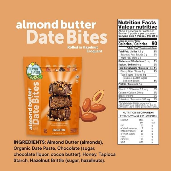Heaven & Earth Gluten Free Chocolate Covered Almond Butter Date Bite Truffles with Hazelnut Croquet 5.25oz (2 Pack), All Natural, Individually Wrapped Date Snack, Kosher (Including Passover) - Image 2