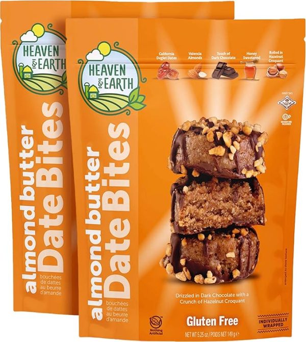Heaven & Earth Gluten Free Chocolate Covered Almond Butter Date Bite Truffles with Hazelnut Croquet 5.25oz (2 Pack), All Natural, Individually Wrapped Date Snack, Kosher (Including Passover)