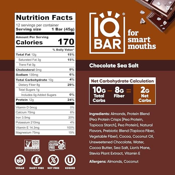 IQBAR Brain and Body Plant Protein Bars - Chocolate Sea Salt - 12-Count Low Carb - Gluten Free, High Fiber, Vegan Snacks - Low Sugar Meal Replacement - Image 2