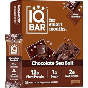 IQBAR Brain and Body Plant Protein Bars - Chocolate Sea Salt - 12-Count Low Carb - Gluten Free, High Fiber, Vegan Snacks - Low Sugar Meal Replacement