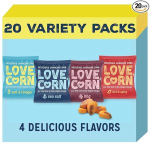 LOVE CORN Fab Four - Sea Salt, BBQ, Salt & Vinegar, Hot Spicy 0.7oz x 20 Delicious Crunchy Corn Healthy Family Snacks Gluten Free, Kosher, NON-GMO Alternative for Chips, Nuts, Crackers Pretzels