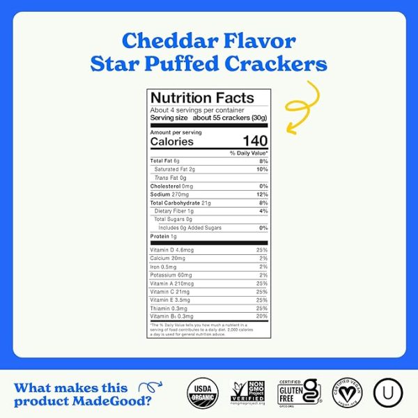MadeGood Cheddar Star Puffed Crackers (6 Bags - 4.26 Oz Each) Gluten Free and Organic, Healthy Snacks - Image 2