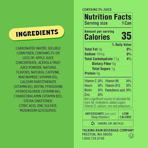 Popwell Lemon Lime Caffeinated Better-For-You Prebiotic Soda, with 6g Fiber, 1g Sugar, Vitamins and Immunity Support, 12 fl oz Cans (pack of 12) - Image 2