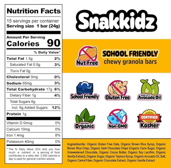 Snakkidz Organic Chocolate Chip Chewy Granola Bar, 15 Count, Nut and Allergen Free, Low Sugar, Made with Avocado Oil - Image 2