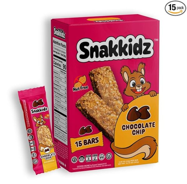 Snakkidz Organic Chocolate Chip Chewy Granola Bar, 15 Count, Nut and Allergen Free, Low Sugar, Made with Avocado Oil