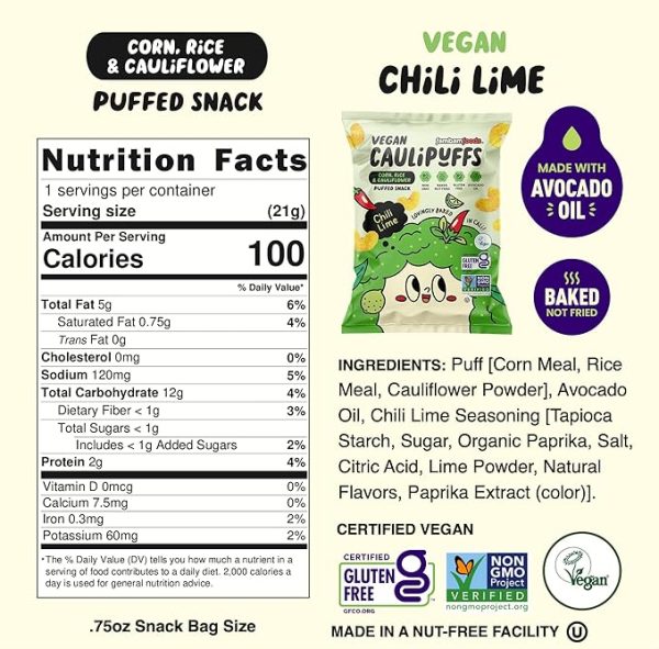 Vegan Chili Lime CauliPuffs - Corn, Rice, and Cauliflower Gluten Free Puffed Snack (box of 15-0.75oz bags) - Image 2