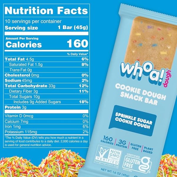 Whoa Dough Edible Cookie Dough Bars- Certified Non-GMO, Kosher and Gluten Free Bars - Healthy Snack Foods - Plant Based Snacks Made With Real Ingredients - Sprinkle Sugar Cookie Dough - 10 Pack - Image 2