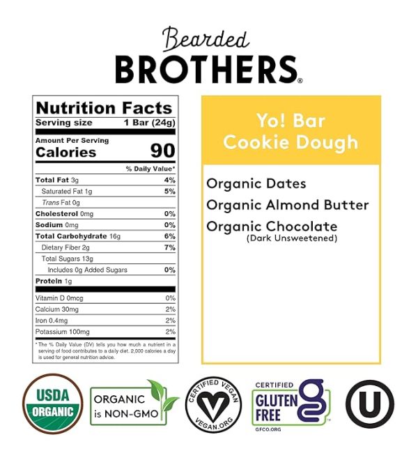 Yo! Bar by Bearded Brothers Vegan Organic Kids Bar, Cookie Dough (25 Bars) - Gluten Free, Paleo and Whole 30 | Soy Free, Non-GMO, Low Glycemic, No Sugar Added, Fiber + Whole Foods - Image 2