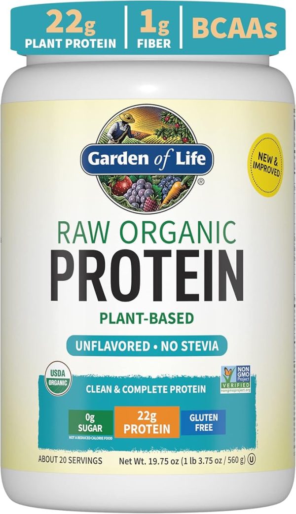 Organic Vegan Unflavored Protein Powder, Garden of Life 22g Plant Based Protein & BCAAs, Organic Protein Powder with Probiotics & Enzymes, Non-GMO, Gluten-Free Lactose Free 1.2 LB