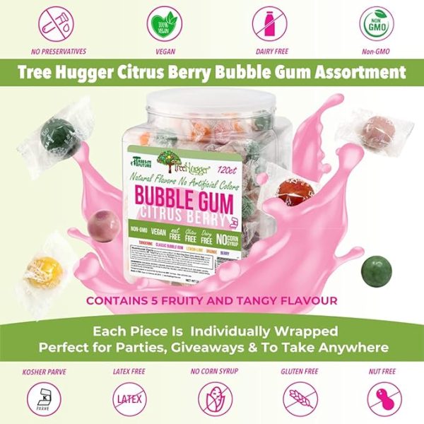 Tree Hugger Bubble Gum, Citrus Berry, Natural Flavors, No Artificial Colors, 120 Count Tub - Image 2