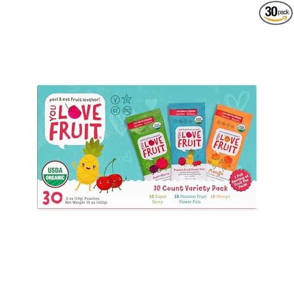 YOU LOVE FRUIT - Fruit Snacks Variety Pack 30 count, 100% Natural Gluten-Free, Vegan, Low Carb, Low Fat Fruit Kosher Snacks for Kids, College Students, Teachers and Offices, Healthy Fruit Snacks (passion fruit, super berry, mango)