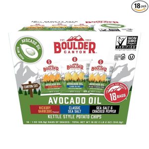 Boulder Canyon Avocado Oil Kettle Style Potato Chips Variety Pack, 18 Count - Gluten-Free, Non-GMO, Hickory Barbecue, Classic Sea Salt, Sea Salt & Cracked Pepper (1 oz Bags)