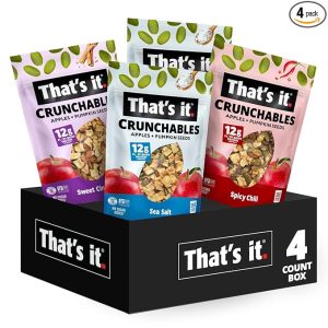 That's it. Crunchables Variety Pack Plant Based Protein, Gluten-Free Crunchy Snack Mix Perfect for Salad Topper and Yogurt Topper (2X Sea Salt, 1X Spicy Chili, 1X Sweet Cinnamon)
