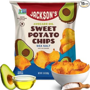 Jackson’s Sweet Potato Kettle Chips with Sea Salt made with Premium Avocado Oil (1 oz, Pack of 15) - Allergen-friendly, Gluten Free, Peanut Free, Vegan, Paleo Friendly - Shark Tank Product