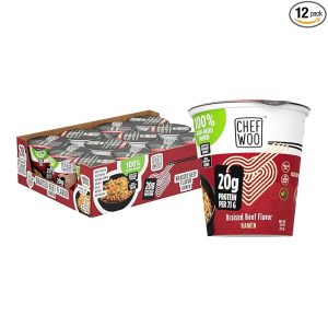 CHEF WOO Braised Beef Ramen Cup High Protein Noodles (12 PACK), 20g of Animal-free, Bioavailable Protein