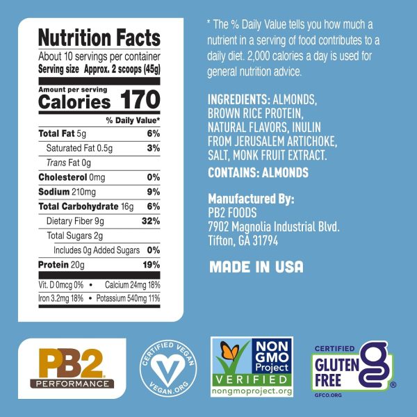 PB2 Performance Almond Plant Based Vegan Protein Powder | 20g Complete Protein, No Added Sugar, Prebiotic Fiber | Dairy Free, Certified Vegan, Non-GMO, Gluten Free [Almond w/Madagascar Vanilla, 1LB] - Image 2