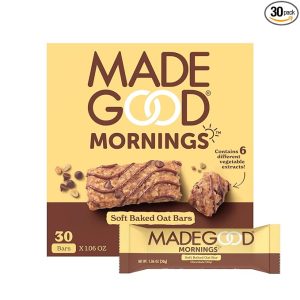 MadeGood Mornings Soft Baked Breakfast Bars, Chocolate Chip, 1.06 Oz (30 Count) Gluten Free Snacks