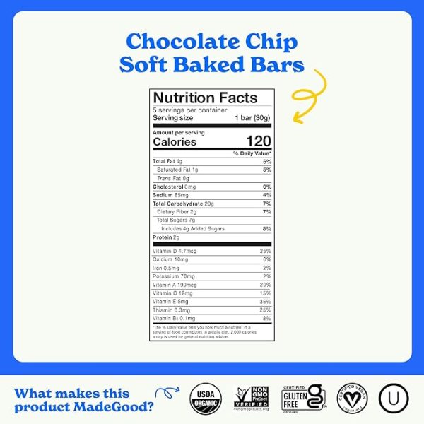 MadeGood Mornings Soft Baked Breakfast Bars, Chocolate Chip, 1.06 Oz (30 Count) Gluten Free Snacks - Image 2