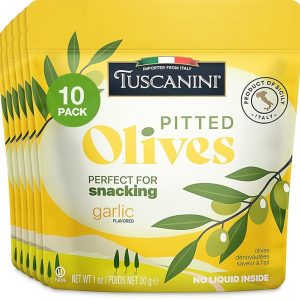 Tuscanini Italian Garlic Flavor Snack Olives, 1 oz (10 Pack) Convenient Pitted Olive Pouches for Snacking | No Oil | Gluten Free, Vegan, Keto Friendly | Pitted Olives | Great for Travel, Picnics and Office Snacks | Kosher