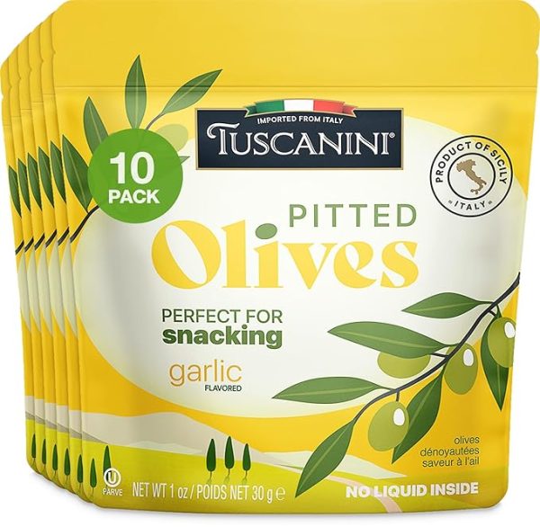 Tuscanini Italian Garlic Flavor Snack Olives, 1 oz (10 Pack) Convenient Pitted Olive Pouches for Snacking | No Oil | Gluten Free, Vegan, Keto Friendly | Pitted Olives | Great for Travel, Picnics and Office Snacks | Kosher
