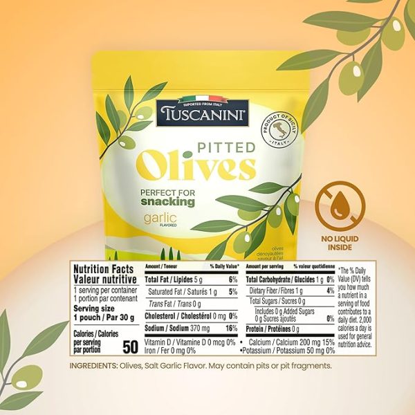 Tuscanini Italian Garlic Flavor Snack Olives, 1 oz (10 Pack) Convenient Pitted Olive Pouches for Snacking | No Oil | Gluten Free, Vegan, Keto Friendly | Pitted Olives | Great for Travel, Picnics and Office Snacks | Kosher - Image 2
