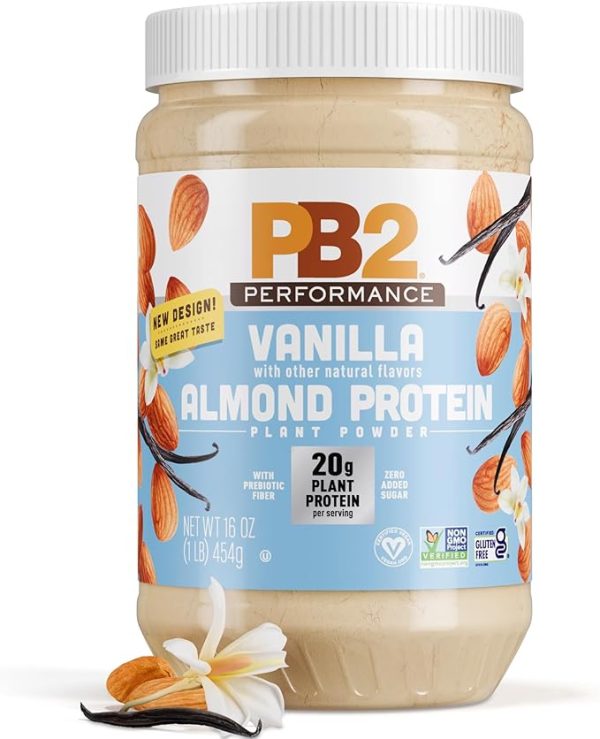 PB2 Performance Almond Plant Based Vegan Protein Powder | 20g Complete Protein, No Added Sugar, Prebiotic Fiber | Dairy Free, Certified Vegan, Non-GMO, Gluten Free [Almond w/Madagascar Vanilla, 1LB]