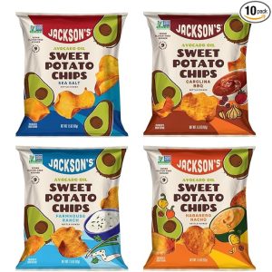 Jackson’s Sweet Potato Kettle Chips Avocado Oil Variety Pack made with Premium Oils (1.5 oz, Pack of 10) Sea Salt, Ranch, BBQ, and Habanero Nacho Flavors - Allergen-friendly, Gluten Free, Vegan