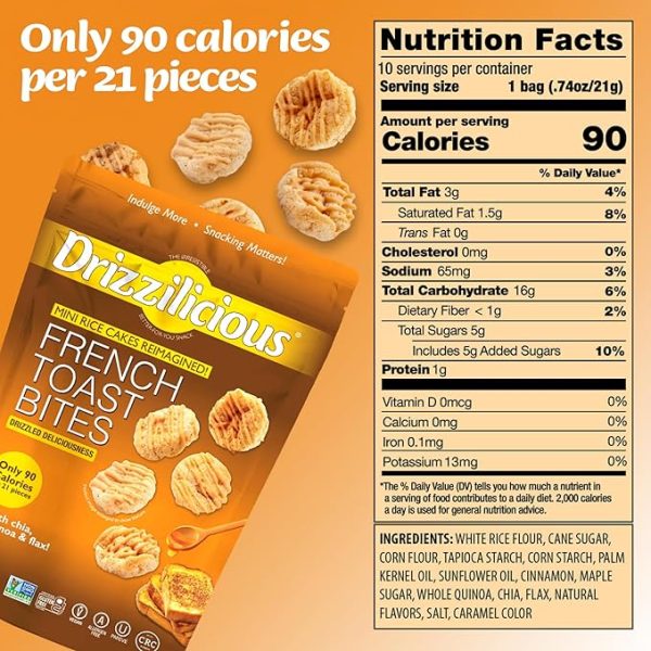 Drizzilicious Mini Rice Cakes French Toast - Rice Crisps, Healthy Snack for Adults and Kids, Flavored Rice Cakes, Vegan, Gluten Free, Allergen Free, Only 90 Calories Per Serving - 4 oz (Pack of 2) - Image 2