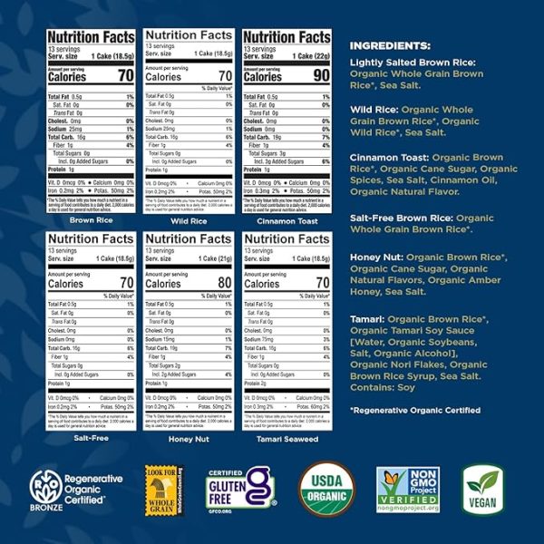 Lundberg Organic Brown Rice Cakes Variety 6-Pack – Regenerative Organic Certified Salt-Free, Lightly Salted, Wild Rice, Tamari with Seaweed, Cinnamon Toast, Honey Nut, Healthy Snacks, 8.5 Oz Ea - Image 2