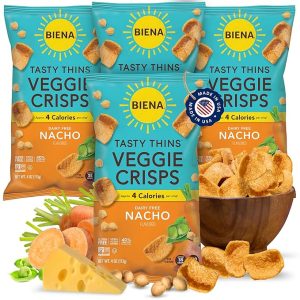 BIENA Tasty Thins Veggie Crisps - Low Calorie Veggie Chips for Adults and Kids - 4-Pack, 4 Ounce Bags - Nacho