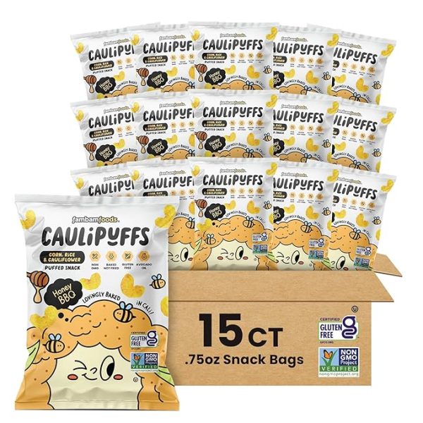 Honey BBQ CauliPuffs - Corn, Rice, and Cauliflower Gluten Free Puffed Snack (Box of 15, 0.75oz bags)