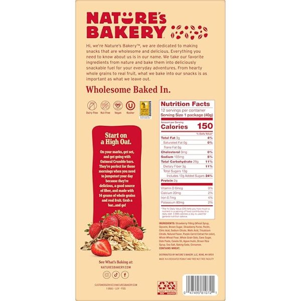 Nature’s Bakery Oatmeal Crumble Bars, Strawberry, Real Fruit, Vegan, Non-GMO, Breakfast bar, 1 Box With 12 Twin Packs (12 Twin Packs) - Image 2