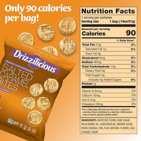 Drizzilicious Mini Rice Cakes Salted Caramel - Rice Crisps, Healthy Snack for Adults and Kids, Flavored Rice Cakes, Vegan, Gluten Free, Allergen Free, Only 90 Calories Per Bag - 0.74 oz (Pack of 10) - Image 2
