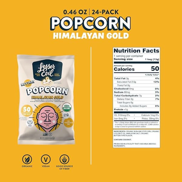 LesserEvil Himalayan Gold Salt Organic Popcorn, Premium Quality, Minimally Processed, No Vegetable Oil, 0.46 Oz, (Pack of 24) - Image 2