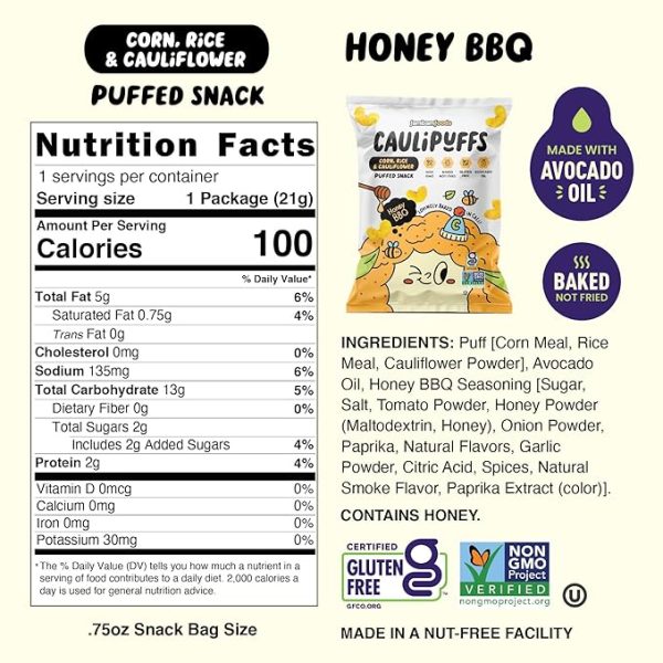 Honey BBQ CauliPuffs - Corn, Rice, and Cauliflower Gluten Free Puffed Snack (Box of 15, 0.75oz bags) - Image 2