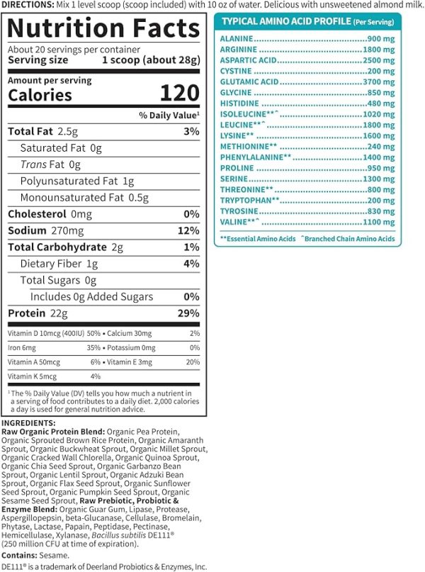 Organic Vegan Unflavored Protein Powder, Garden of Life 22g Plant Based Protein & BCAAs, Organic Protein Powder with Probiotics & Enzymes, Non-GMO, Gluten-Free Lactose Free 1.2 LB - Image 2