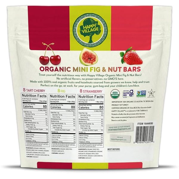 Happy Village Organic Mini Fig & Nut Bars, VARIETY (24 Packs, 0.7 OZ each), No Refined Sugar, Kosher, Non-GMO, Gluten Free, Vegan, Good Source of Fiber Snack Bars (8 Tart Cherry, 8 Fig, 8 Strawberry) - Image 2