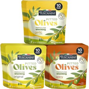Tuscanini Italian Pitted Olive Snack Packs | Variety Pack | 1 oz (30 Pack) | Orignal, Garlic & Spicy Flavors | Convenient Olive Pouches for Snacking | Salad Topper | Gluten Free, Vegan, Keto Friendly | Pitted Olives | Great for Travel, Picnic and Office Snacks | Kosher Visit the Tuscanini Store