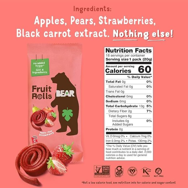 BEAR Real Fruit Snack Rolls - Gluten Free, Vegan, and Non-GMO - Strawberry – Healthy School And Lunch Snacks For Kids And Adults, 0.7 Ounce (Pack of 18) - Image 2
