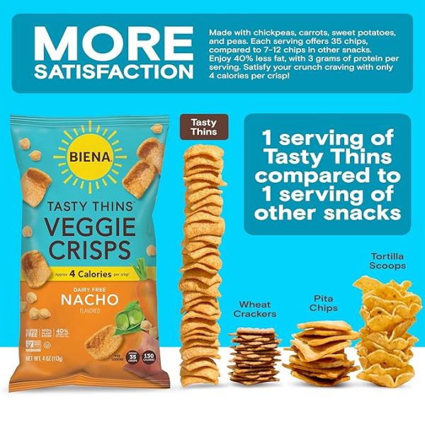 BIENA Tasty Thins Veggie Crisps - Low Calorie Veggie Chips for Adults and Kids - 4-Pack, 4 Ounce Bags - Nacho - Image 2