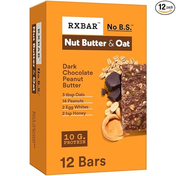 RXBAR Nut Butter and Oat Protein Bars, Protein Snacks, Snack Bars, Dark Chocolate Peanut Butter, 23.2oz Box (12 Bars)