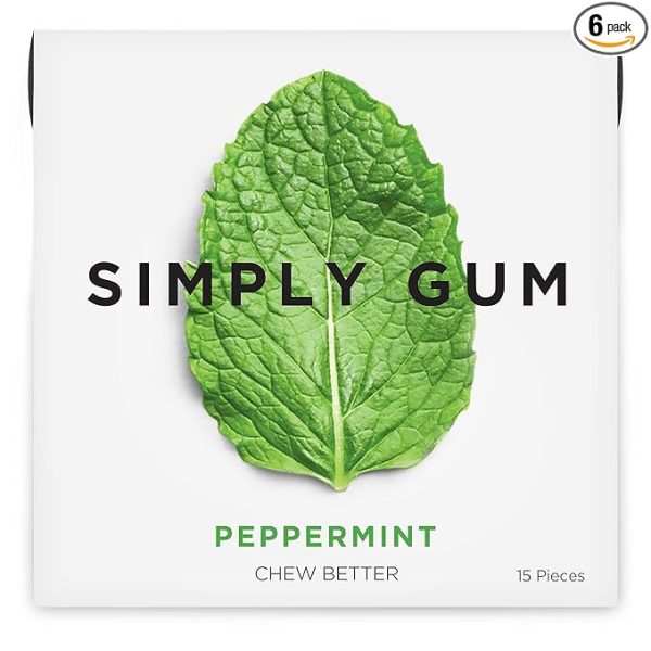 Simply Gum | Peppermint | Plant- Based Chewing Gum | Pack of Six (90 Pieces Total) | Synthetic Plastic Free + Aspartame Free + non GMO